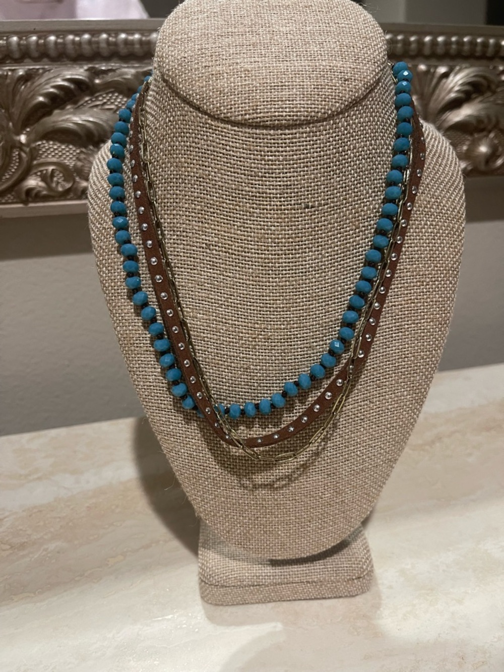 Layered Turquoise Bead and Brown Leather Multi-Strand Necklace